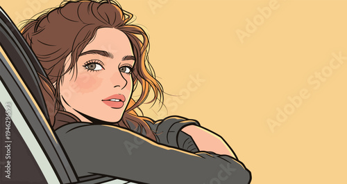 A girl leans out of a car window, looking at the camera. The background is a bright yellow color. It is daytime and the car is parked.