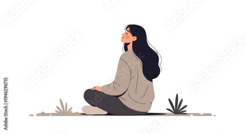 Mental wellness and mindfulness meditation in nature, female character relaxing in mountain landscape flat vector