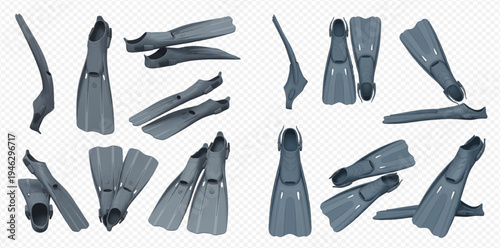 Set of diving flippers in various positions, isolated on a transparent background, for swimming and snorkeling activities.