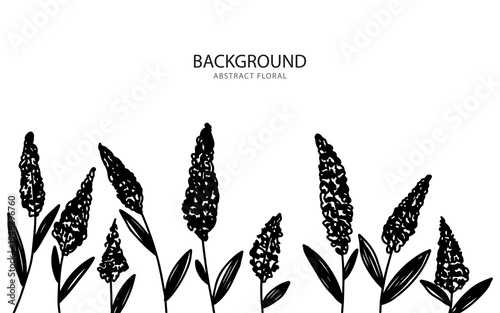 Monochrome abstract floral background illustration with hand-drawn spike-like plants and leaves.