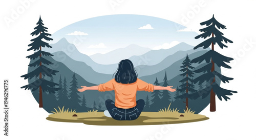 Mindfulness meditation in mountain landscape, peaceful woman sitting in lotus pose outdoor wellness concept vector