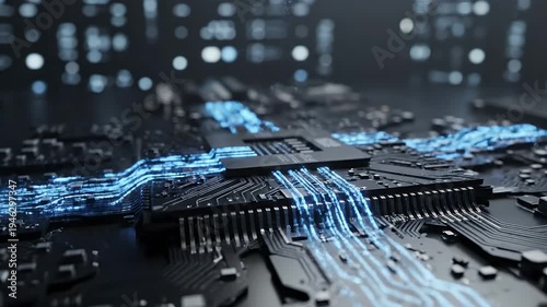 Futuristic Circuit Board with Light - An extreme close-up shows a futuristic circuit board with glowing lines and a bright light emanating from the central chip.