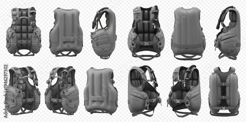 Various views of a scuba diving BCD jacket, essential equipment for underwater exploration and buoyancy control.