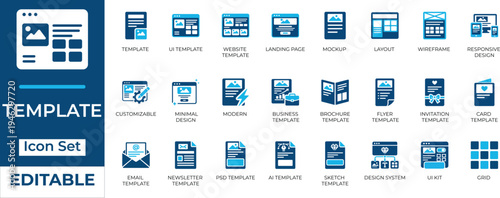 Web design and UI template vector icon set. Two-tone flat icons for layout, wireframe, mockup, and landing page. Editable.