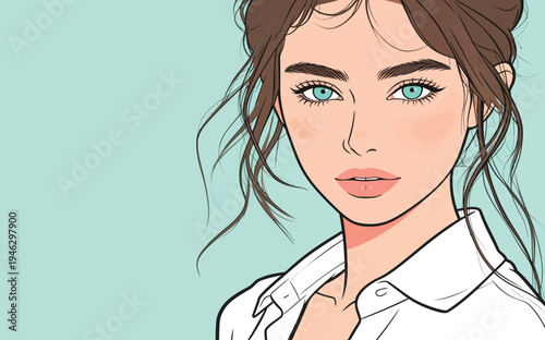 A woman with blue eyes and brown hair looks directly at the viewer while wearing a white shirt. She has a light background.