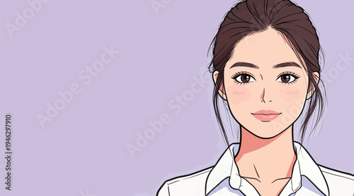 A young woman with long brown hair is smiling while wearing a white shirt against a light purple background. She appears relaxed and friendly.