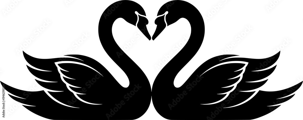 Obraz premium Two swans forming a heart shape with necks vector illustration black and white 