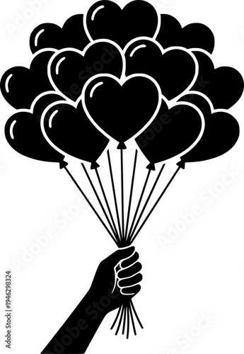 Hand holding bunch of heart shaped balloons vector illustration black and white
