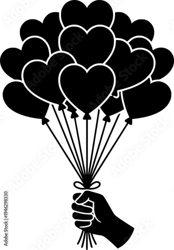 Hand holding bunch of heart shaped balloons vector illustration black and white
