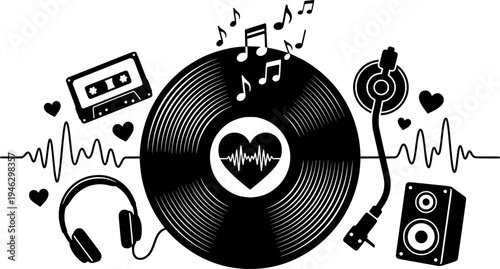 Vinyl record with heart shaped label music love vector illustration black and white
