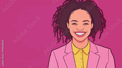 A woman stands smiling with curly hair styled confidently, wearing a business suit and a bright shirt in a colorful setting.