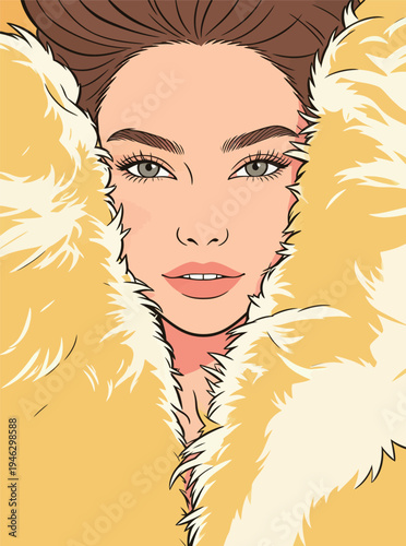 A woman looks directly at the viewer while wearing a yellow fur coat. Her hair is brown and styled simply. The background is bright.