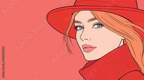A woman with long hair wears a red hat and a red sweater. She poses against a bright red background. The setting is simple and modern.