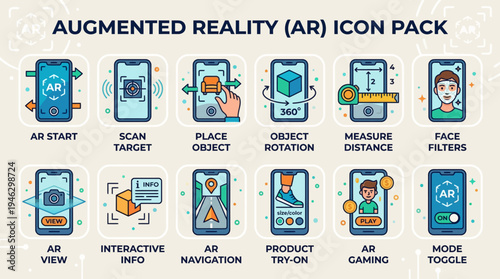 Augmented Reality AR Icon Pack for Mobile Applications and Digital Experiences.