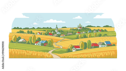Illustration of a rural village landscape with houses, fields, and trees under a blue sky with clouds.