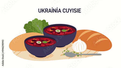 Illustration of two bowls of borscht with bread and garlic on a wooden cutting board against a white background.