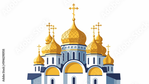 Illustration of a church with golden domes and blue walls on a white background.