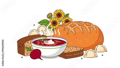 Flat lay illustration of a bowl of borscht with sour cream, surrounded by bread, vegetables, and sunflowers on a white background.
