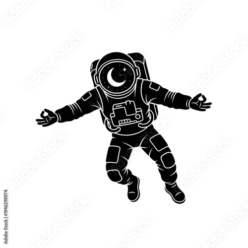 Astronaut Floating in Space with Relaxed Pose Stars and Moon Vector Illustration