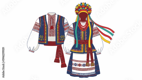 Illustration of a traditional folk costume with vest, shirt, and skirt on a white background, showcasing colorful patterns and designs.