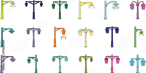 The described image features a vibrant grid of cartoon-style streetlights, displaying a variety of designs and colors.