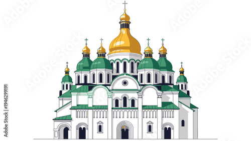 Illustration of a white and green church with gold domes on a plain white background in a flat 2D style.