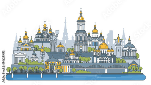 Illustration of a cityscape with a river and various buildings featuring gold domes and spires in a vibrant and detailed style.