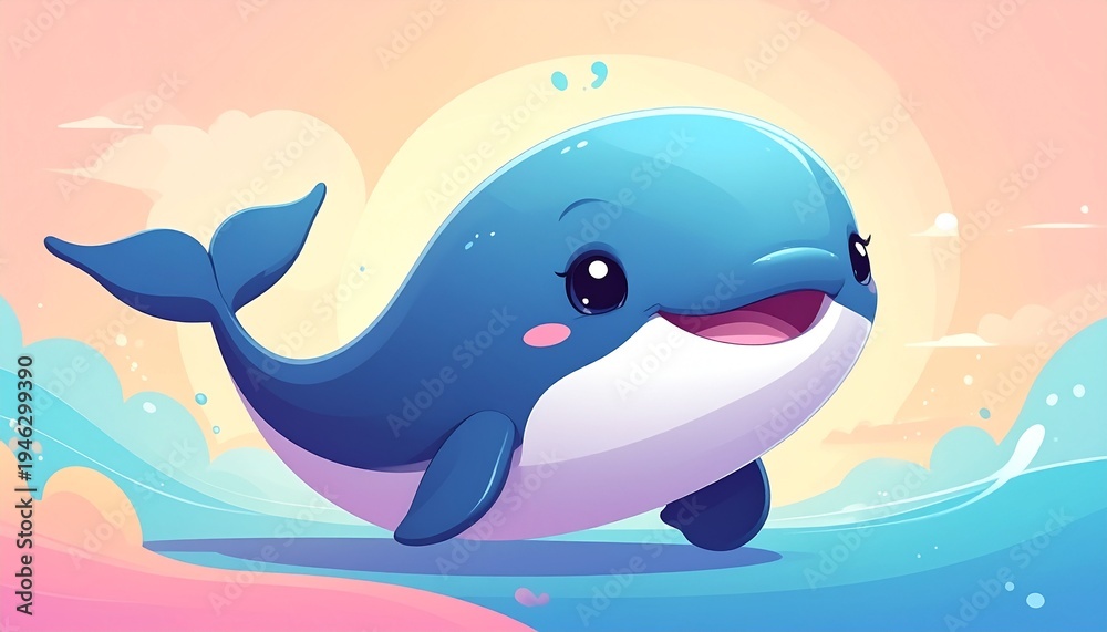 Obraz premium Smiling Cartoon Whale in Ocean Waves.