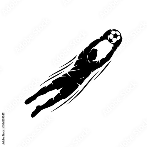 soccer goalkeeper diving to catch ball silhouette black and white football goalie sport vector art
