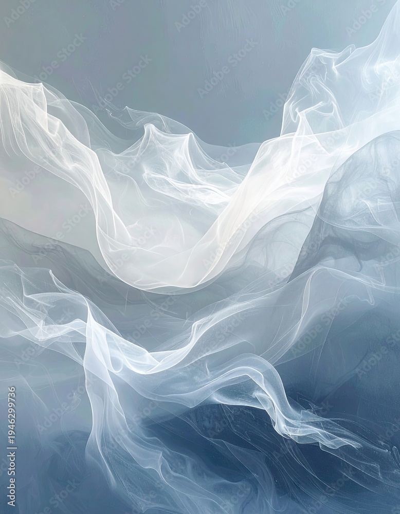 Fototapeta premium Abstract ethereal smoke-like clouds in layered waves, blue-white gradient, used for digital design