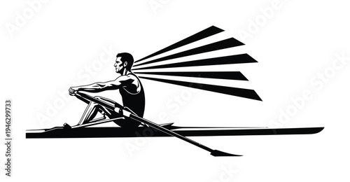 Vector of a man rowing intensely on a sleek boat with oars creating dynamic movement