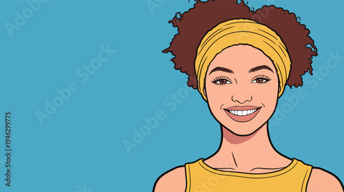 A woman with curly hair smiles while wearing a yellow top and headband against a blue background. She exudes happiness and joy.