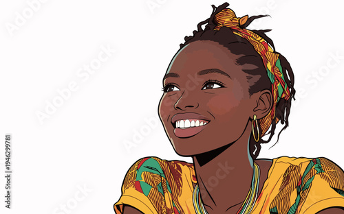 A young woman smiles while wearing a bright outfit and a head wrap. She stands with her arms resting on a surface in a sunny location.