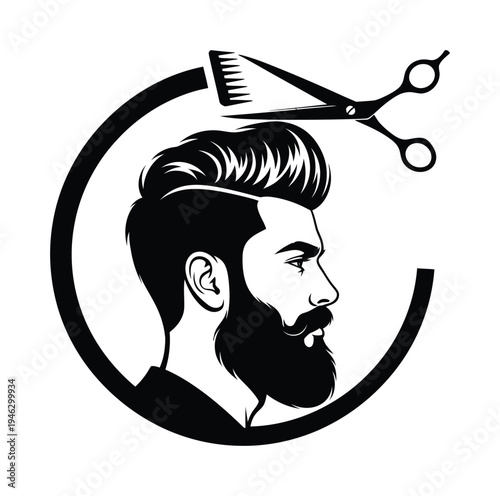 Vector of a bearded man with styled hair placed in a circular frame with barber tools