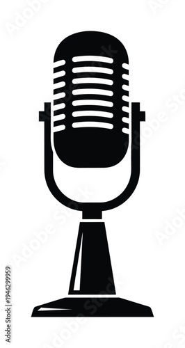 Vector of a classic retro microphone standing on a pedestal in monochrome design