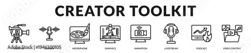 Creator toolkit banner featuring essential equipment and digital utilities for professional multimedia production in Lineal Icon Style