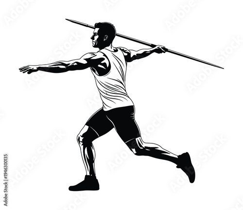 Vector of a muscular athlete preparing to throw a javelin during an outdoor competition