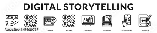 Digital storytelling banner emphasizing cinematic narrative workflows for engaging multimedia content creation in Lineal Icon Style
