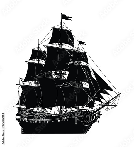 Vector of a classic tall ship with billowing sails and a pirate flag flying high