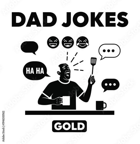 Vector of a man laughing heartily with dad jokes text above him