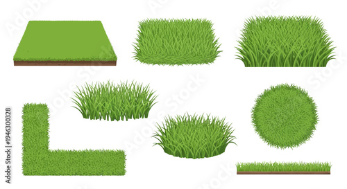 Various Green Grass Tufts and Turf Patches Collection including Round and Square Shapes for Architectural Visualization and Landscape Design Illustrations.
