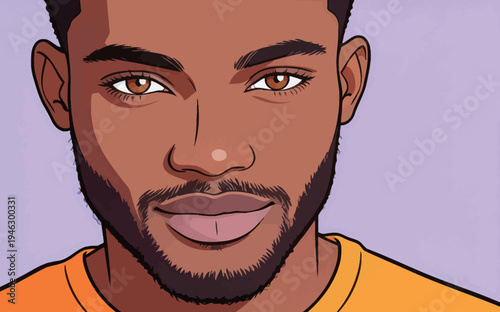 A young man with dark hair and a beard smiles directly at the camera. He wears an orange shirt and has a purple background.