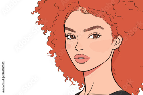 A young woman with red curly hair looks directly at the viewer with a relaxed expression on her face. She has light makeup and a simple outfit.