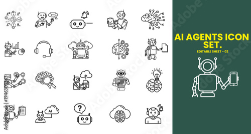AI Agents Icon Set – Artificial Intelligence Automation Bot Workflow Technology Vector Icons