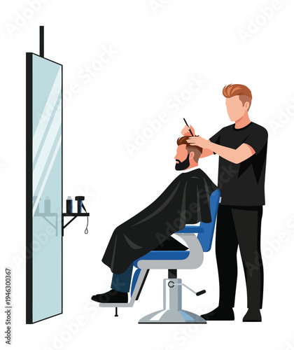 Vector of a stylish barber carefully trimming a man's beard in a modern salon setting