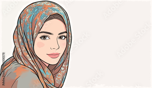 A woman is smiling while wearing a headscarf. She is in a room with plain walls and has a friendly expression on her face.