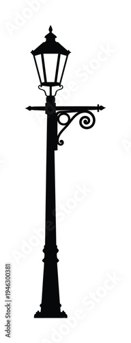 Vintage-style vector lamp post with ornate ironwork and a classic lantern design stands elegantly against a white background