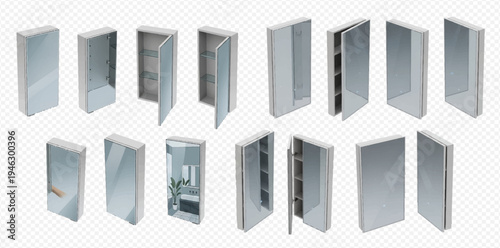 Set of realistic medicine cabinets with mirrored doors, open and closed, isolated on transparent background.