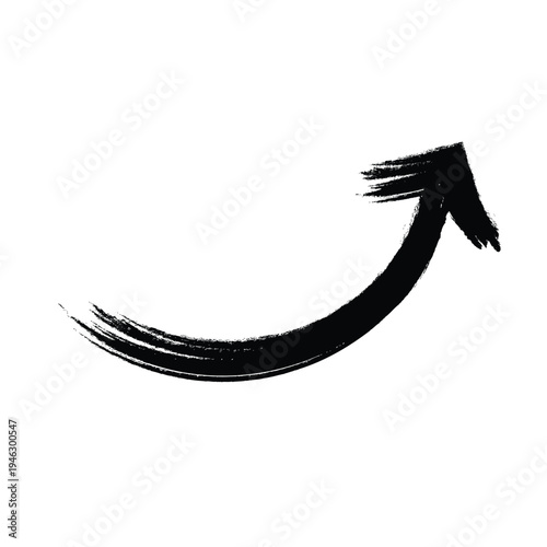 Large Black Brushstroke Arrow Pointing Upward Conveying Growth, Progress and Uplifting Mood on Clean White Background with Dynamic and Expressive Ink Stroke Art Design