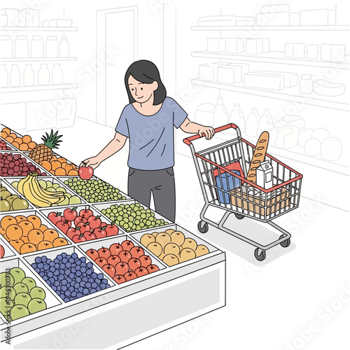 Woman choosing fresh apple from abundant fruit and vegetable display in grocery store